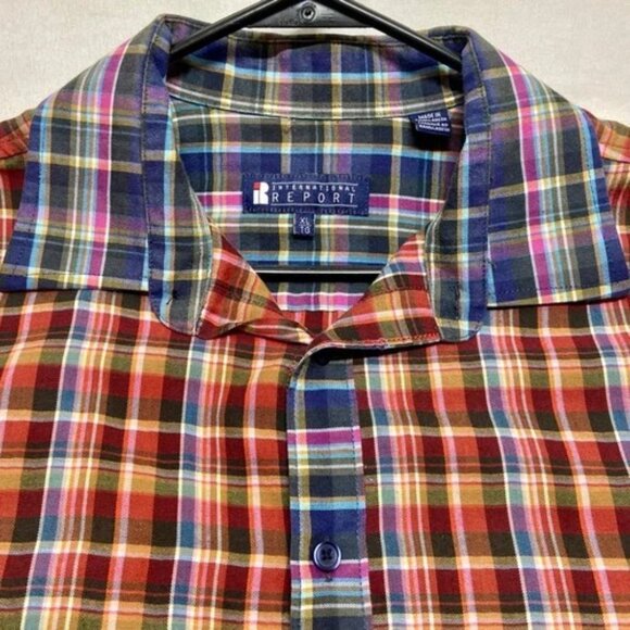 International Report Button Up Shirt Men's XL Red Blue Multicolor Plaid (Read) - Picture 3 of 11